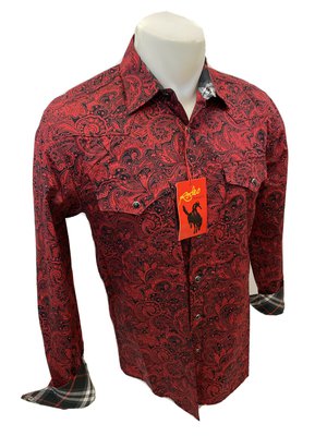 Mens RODEO WESTERN RED BLACK PAISLEY Long Sleeve Woven SNAP UP Shirt Cowboy 114