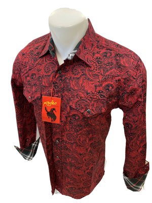 Mens RODEO WESTERN RED BLACK PAISLEY Long Sleeve Woven SNAP UP Shirt Cowboy 114