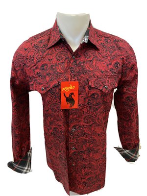 Mens RODEO WESTERN RED BLACK PAISLEY Long Sleeve Woven SNAP UP Shirt Cowboy 114