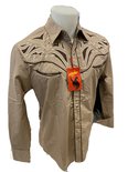 Men RODEO WESTERN BEIGE BLACK STITCH Long Sleeve Woven SNAP UP Shirt Cowboy 533