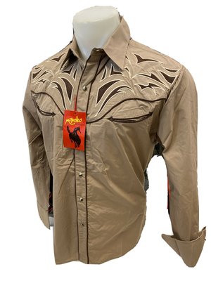 Men RODEO WESTERN BEIGE BLACK STITCH Long Sleeve Woven SNAP UP Shirt Cowboy 533