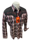 Mens RODEO WESTERN BURGUNDY PLAID STITCH Long Sleeve SNAP UP Shirt Cowboy 532