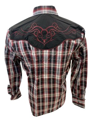 Mens RODEO WESTERN BURGUNDY PLAID STITCH Long Sleeve SNAP UP Shirt Cowboy 532