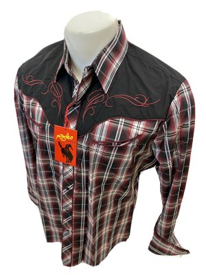 Mens RODEO WESTERN BURGUNDY PLAID STITCH Long Sleeve SNAP UP Shirt Cowboy 532