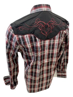 Mens RODEO WESTERN BURGUNDY PLAID STITCH Long Sleeve SNAP UP Shirt Cowboy 532