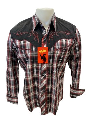 Mens RODEO WESTERN BURGUNDY PLAID STITCH Long Sleeve SNAP UP Shirt Cowboy 532